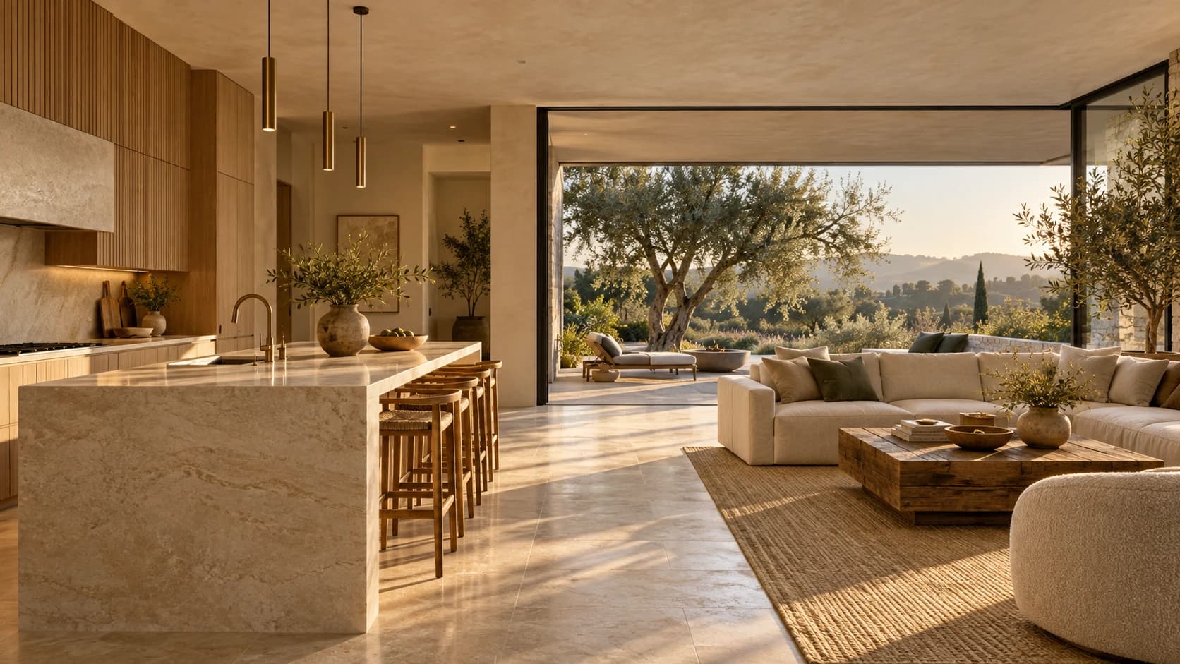 Warm, light-filled kitchen and living space in Riverside's sample ad